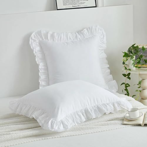 Set of 2 Ruffled Euro Pillow Shams, 26x26 Inch 100% Cotton Pillow Covers
