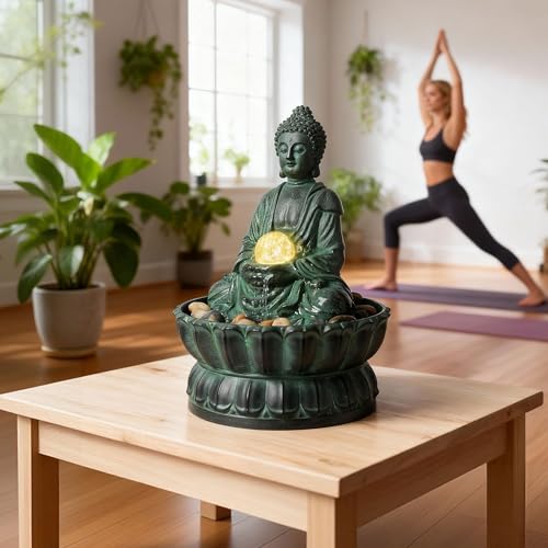 Zen Buddha Tabletop Water Fountain with LED Light and Rolling Glass Ball