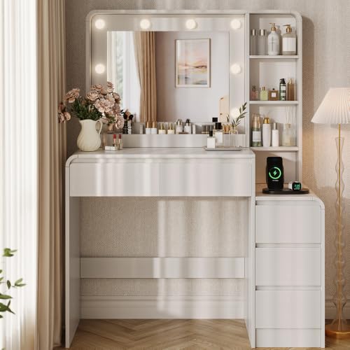 Farmhouse Vanity Desk with Lighted Mirror, Charging Station & 5 Drawers