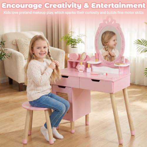 Kids Pink Vanity Table and Chair Set with 7 Pretend Play Makeup Accessories