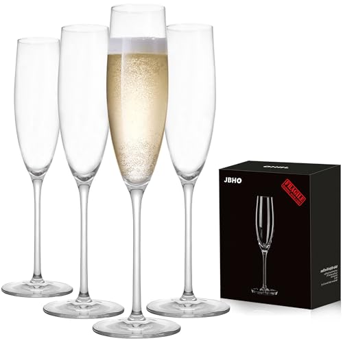 JBHO Set of 4 Hand Blown Lead-Free Crystal Champagne Flutes - Elegant Gift Box, 8oz, Wedding & Celebration Glassware