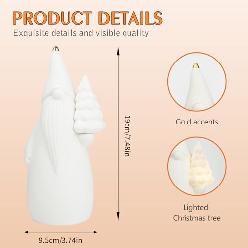 Lighted White Ceramic Christmas Gnome Figurine with Timer, 7.5-Inch