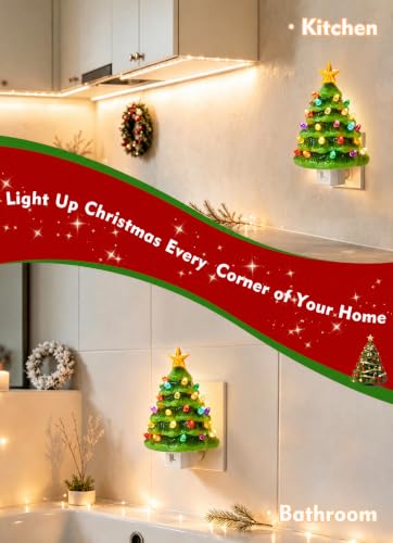 Brightown 2 Pack Christmas Tree Night Light - Vintage Ceramic with Yellow Star, 7W UL Bulb, Swivel Plug