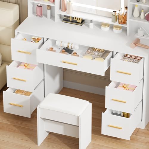 White Makeup Vanity Desk with Lighted Mirror, Charging Station & Stool