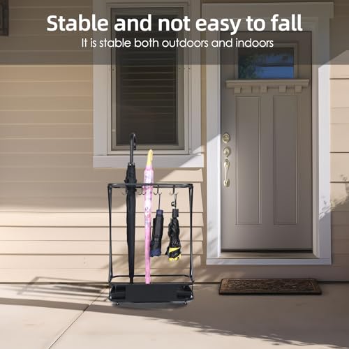 15-Slot Heavy Duty Metal Umbrella Stand with 8 Hooks and Drip Tray