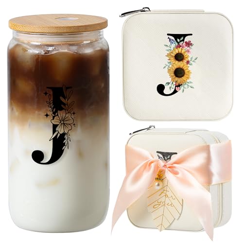 Initial Jewelry Box and 16oz Glass Cup Set with Bamboo Lid and Straw
