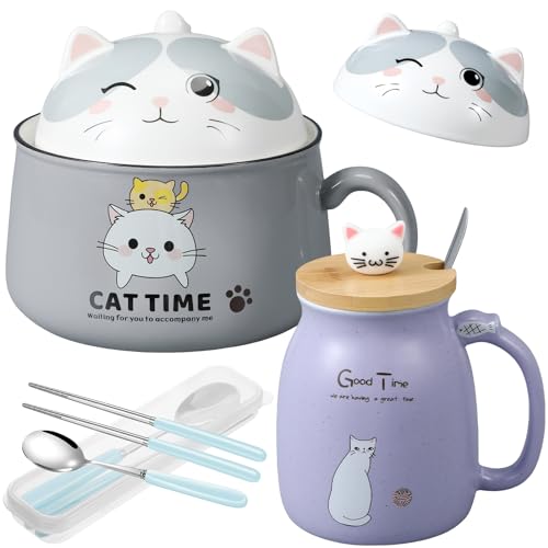 FoldTier Set of 2 Ceramic Cat Mug and Ramen Bowl with Lids - Purple & Gray