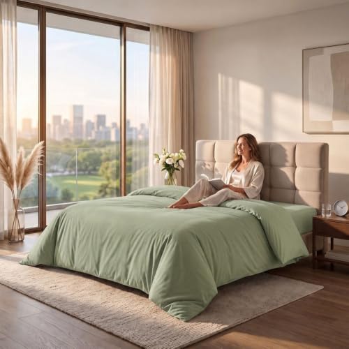Egyptian Cotton Duvet Cover, Super King Size, Solid Sage Green