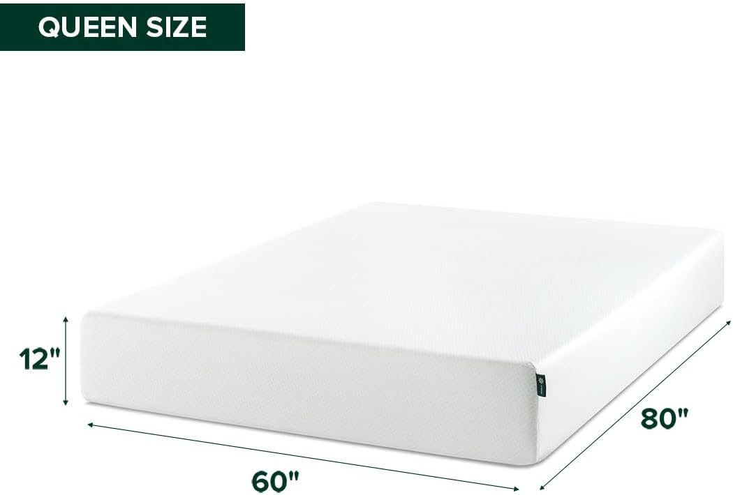 Zinus 12 Inch Queen Green Tea Memory Foam Mattress - Medium Firm Feel, Zoned Pressure Relief, Fiberglass Free