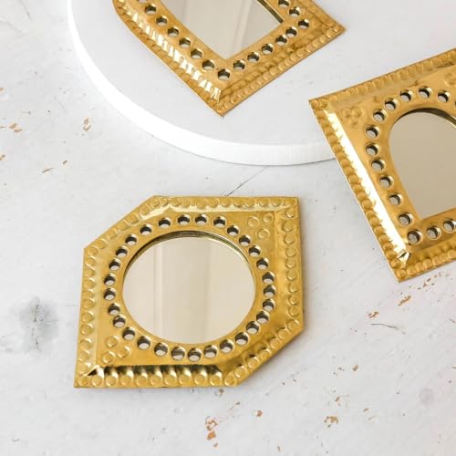 Set of 5 Small Decorative Gold Brass Wall Mirrors, Assorted Geometric Shapes