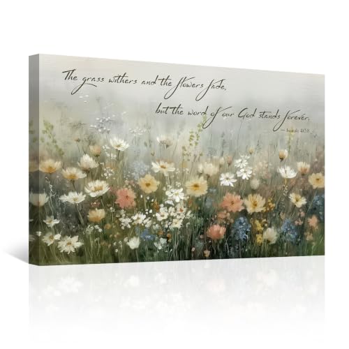 BewDalky Christian Floral Canvas Wall Art - Bible Verse & Wildflowers, Wrapped Canvas, 30 x 20 inches, Yellow White