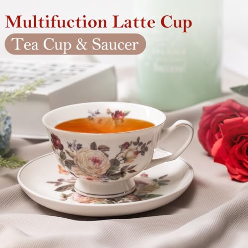 Alarrar White Camellia 10 OZ Bone Porcelain Tea Cup & Saucer Set for Coffee & Tea