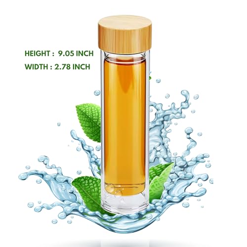 15oz Double Wall Glass Water Bottle with Bamboo Lid & Tea Infuser - Insulated, Leak-Proof Travel Mug