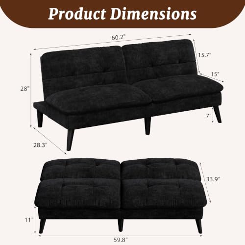 Convertible Velvet Futon Sofa Bed, Adjustable Reclining Couch for Small Spaces