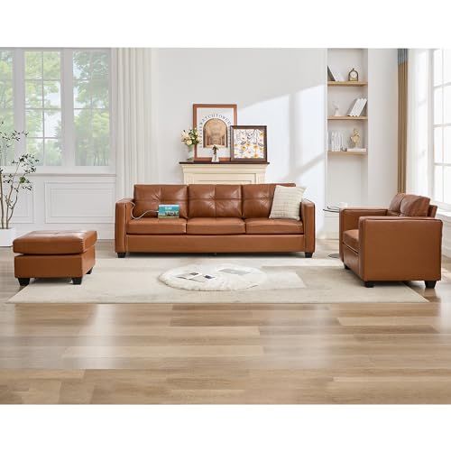 3-Piece Faux Leather Sofa Set with USB Charging Ports and Storage Pockets