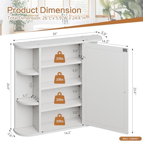 White Wall-Mounted Bathroom Medicine Cabinet with Mirror & 6 Shelves