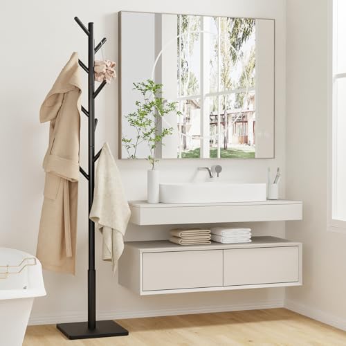 Freestanding Wooden Coat Rack with 8 Hooks and Stable Square Base