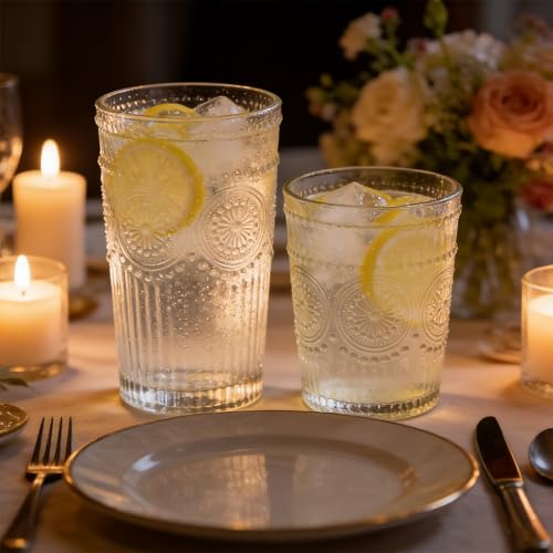 Loivttvv 12oz Vintage Clear Ribbed Highball Glasses Set - Embossed Sunflower Pattern for Cocktails Water Juice & Whiskey