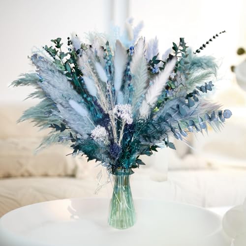 17-Inch Dusty Blue Dried Pampas Grass Bouquet for Boho Home Decor