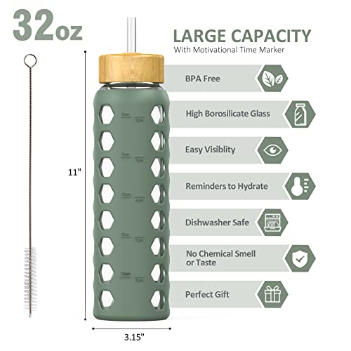 32oz Glass Water Bottle with Time Marker, Silicone Sleeve & Two Lids