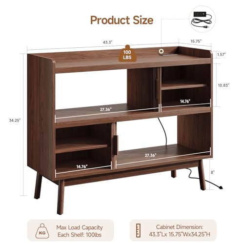 44" Mid-Century Sideboard Buffet Cabinet with Outlet and Sliding Doors