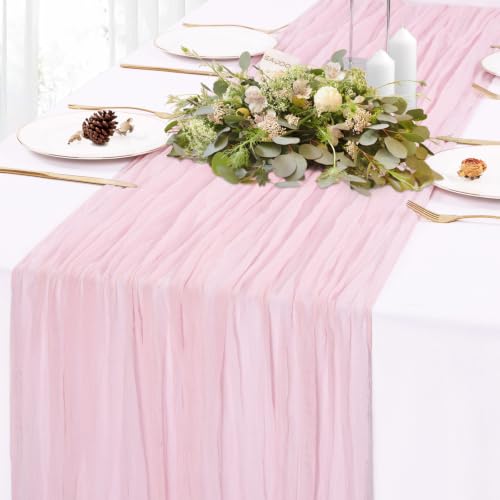 SAJOO Pink Cheesecloth Table Runner 13.3FT Rustic Sheer Gauze for Wedding Party Home Decor