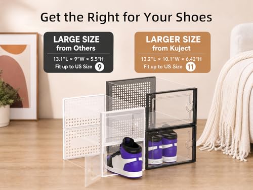 Kuject X-Large Clear Stackable Shoe Storage Boxes 12 Pack, Black Drop-Front Organizer
