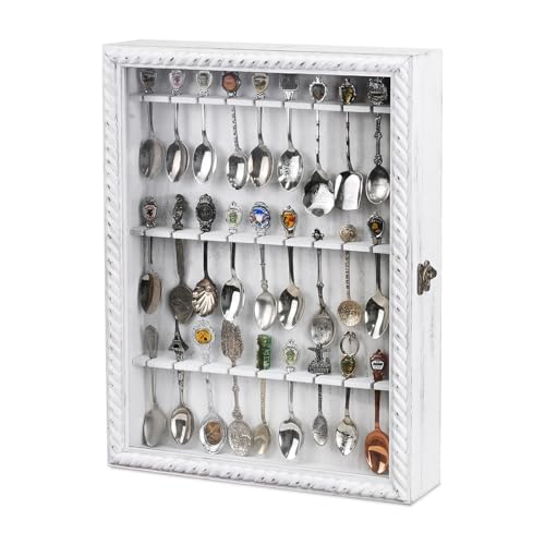 Wooden 30-Spoon Display Case Cabinet with Glass Door, Wall-Mounted Rack