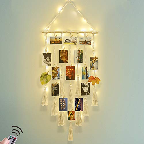Boho Macrame Photo Display with LED Fairy Lights, Wall Hanging Collage Board