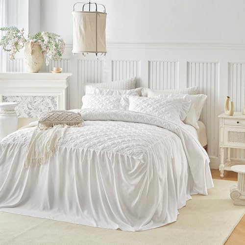 UOZZI BEDDING Queen Ruffle Skirt Bedspread Set - 30" Drop White Quilt
