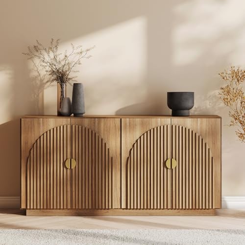 65-Inch Fluted Buffet Cabinet Sideboard Accent Console Table - Caramel Brown