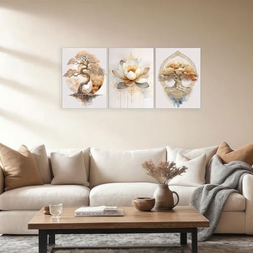 Tree of Life Lotus Yin Yang Canvas Wall Art, 3-Piece Framed Set 12"x16"