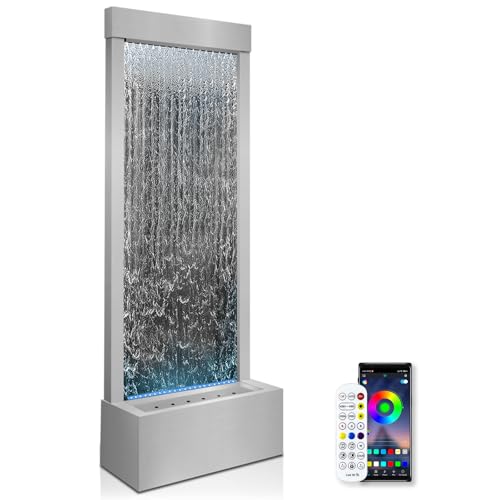 48-inch Stainless Steel Mirror Waterfall Fountain with 7-Color LED Lights