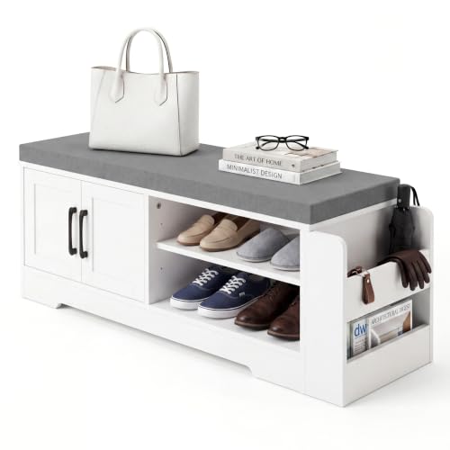 Farmhouse Shoe Storage Bench with Padded Seat and Adjustable Shelves