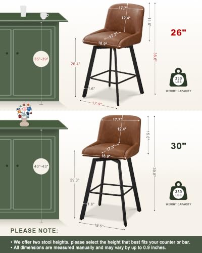 Set of 3 Swivel Counter Height Bar Stools, 26-Inch Upholstered Chairs