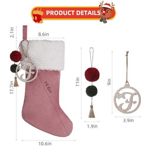 Personalized Pink Velvet Christmas Stocking with Gold Wooden Initial 19.5"