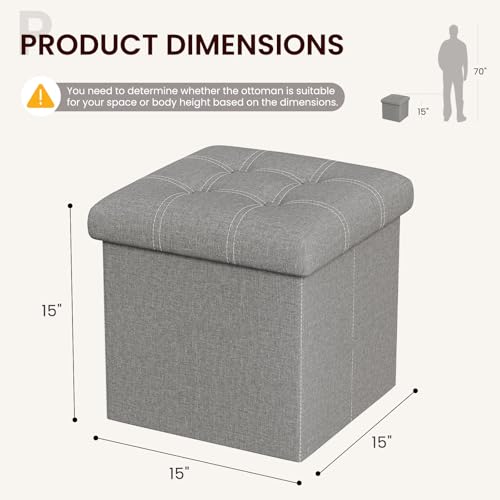 15-Inch Foldable Storage Ottoman, Linen-Look Foot Rest with Hidden Storage