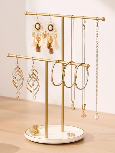 Gold Jewelry Stand with Ceramic Tray - Necklace and Earring Organizer