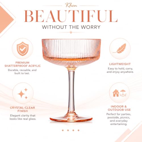 Khen Pink Peach Acrylic Ribbed Coupe Martini Glasses Set of 4, 8 oz Shatterproof European Style Drinkware