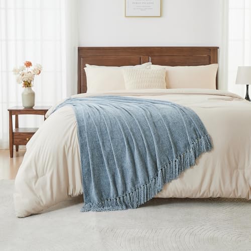 Chenille Throw Blanket with Fringe, Dusty Blue Plush Sofa Throw 50"x60"