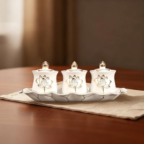 Ceramic Tibetan Holy Water Cups Set with Lotus Embossed Lids - 3 Piece Home Decor