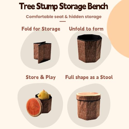 Tree Stump Storage Ottoman, Collapsible Foldable Toy Box & Foot Stool