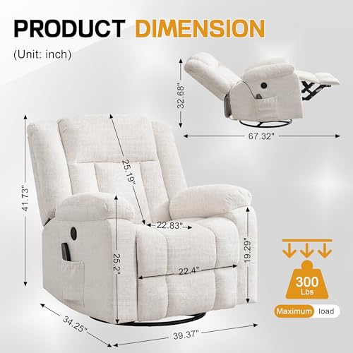 Swivel Rocker Recliner Chair with Massage, Heating, and USB Charging