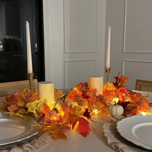 4-Pack Fall Leaf Garland with LED String Lights - Artificial Maple Leaves