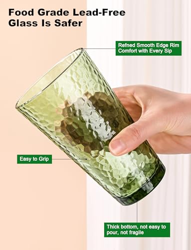 Amyoole Green 16oz Hammered Highball Drinking Glasses Set of 8 - Dishwasher Safe