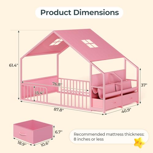 Twin Montessori House Bed with Guardrails, Book Shelf & Storage Drawers