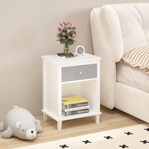 Modern Kids Nightstand with Drawer and Storage Shelf - Grey Wood