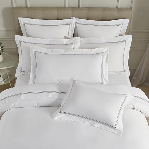 King Size Cotton Pillow Shams Set of 2, 400TC Embroidered Sateen Pillowcases