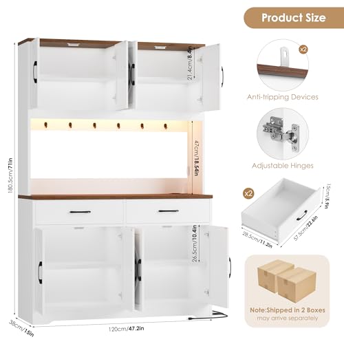 71" Tall Farmhouse Pantry Cabinet with Charging Station & LED Lights