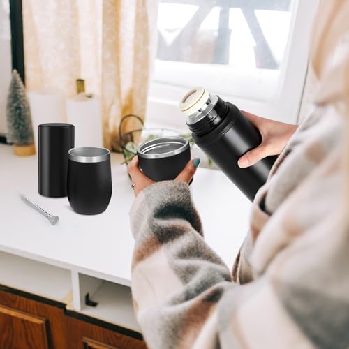 Suclain Black Complete Yerba Mate Kit with 12 oz Gourd and Bombilla, 34 oz Stainless Steel Thermos & Tea Can